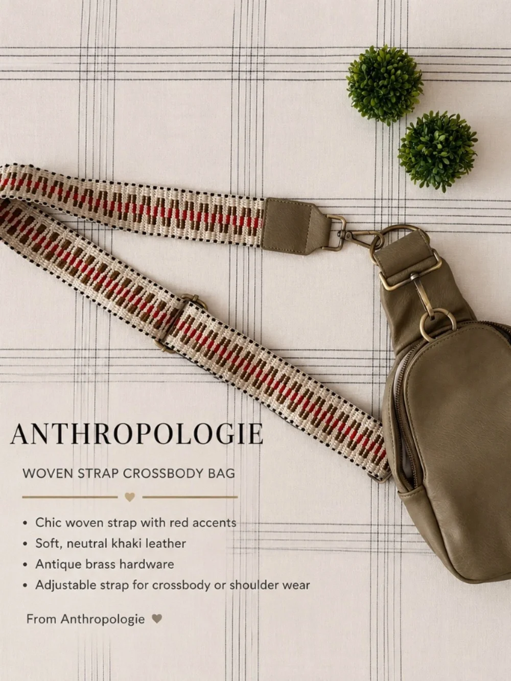 Anthropologie Taupe Sling Crossbody Bag with Woven Strap